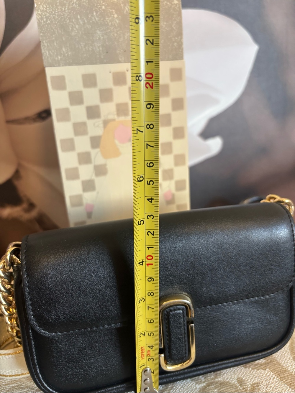 Marc Jacobs Black Leather Crossbody with Gold Chain and Branded Cream Strap - Picture 12 of 13
